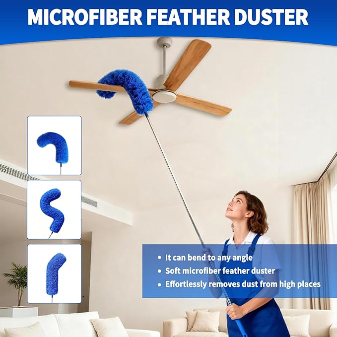Cobweb Duster with Extension Pole, Washable Cleaning Duster Kit with 3 Duster Heads, Cobweb Duster, Corner Brush, Gap Dust Cleaner, Telescoping Pole for Ceiling Fan, Long Duster for high Ceilings