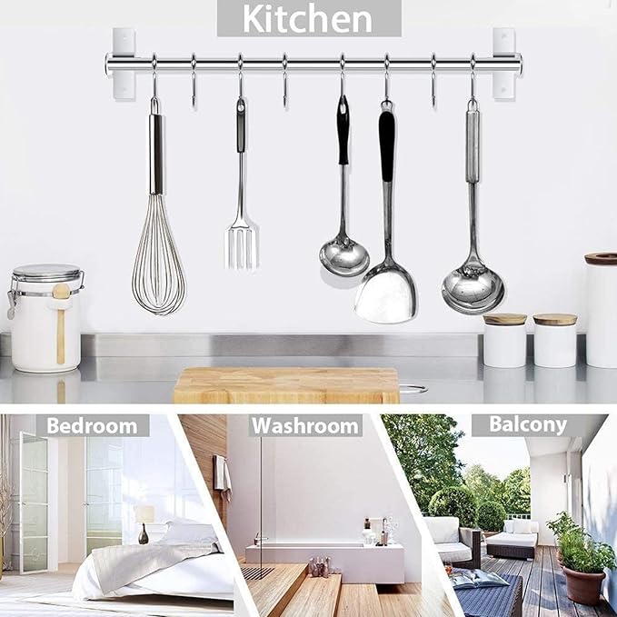 Kitchen Utensils Holder Hanging Racks 304 Stainless Steel Rail Utensil Storage Hanger Wall Mounted Rack for Tools and Pots(60cm)