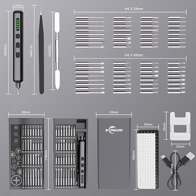 KUNLUN 68-in-1 Mini Electric Screwdriver Set, Small Electric Screwdriver Cordless with 64 Magnetic Bits, 5 Torque Settings, 4 LED Lights Power Screwdriver Repair Tool Kit for Phone Camera Laptop Watch