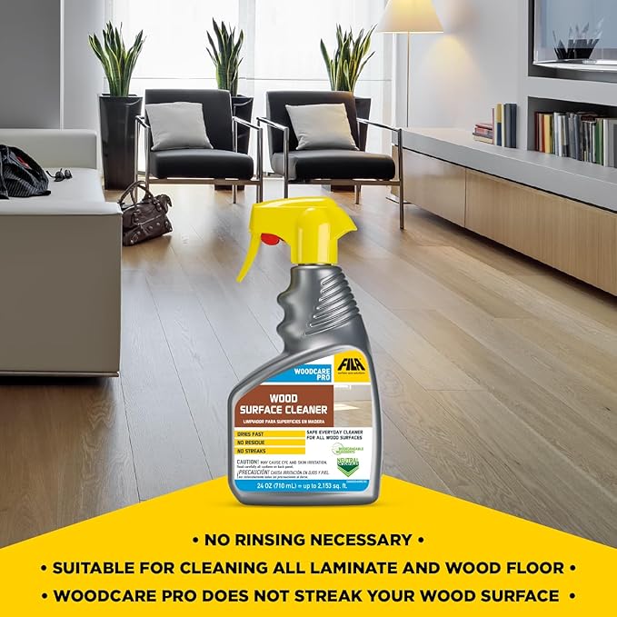 FILA Surface Care Solutions, WOODCARE PRO, Wood Cleaner for All Wood Floors and Surfaces, Suitable as Wood Floor Cleaner Spray, Wood Furniture Cleaner, Dries Fast, Does not Damage Wood Kitchen, 24oz