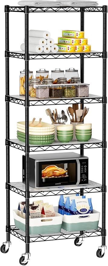 Golpart Small 6 Tier Shelves Storage Wire Shelving Unit Metal Shelf Adjustable Organizers Storage Shelving with Wheels for Bathroom Laundry Room Kitchen Pantry12”D x 18”W x 61.6”H Black