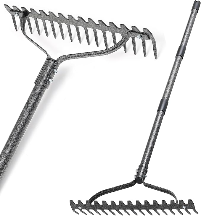Garden Rake, 63" Adjustable Long Handle Lawn Leveling Bow Rake with 17 Tines, Garden Tool with Heavy Duty Metal for Looseing Soil, Weede Control