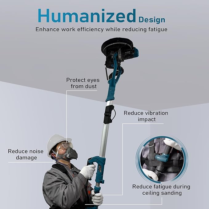 GEVEELIFE Drywall Sander, 880W 7.33A Electric Drywall Sander with Vacuum Dust Collector, 5 Variable Speed 1000-2100RPM, LED Light, Foldable & Extendable Handle, 12 Sanding Discs