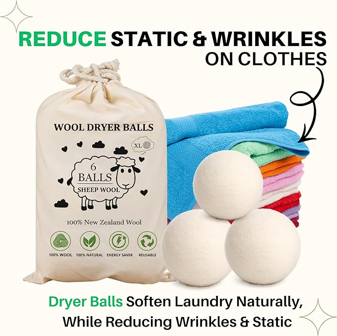 Wool Dryer Balls – 100% New Zealand Wool, Reduces Drying Time, Softens Laundry&Removes Wrinkles, Alternative to Plastic Balls & Natural Fabric Softener, Reusable Eco-Friendly Dryer Balls(Pack of 6 XL)