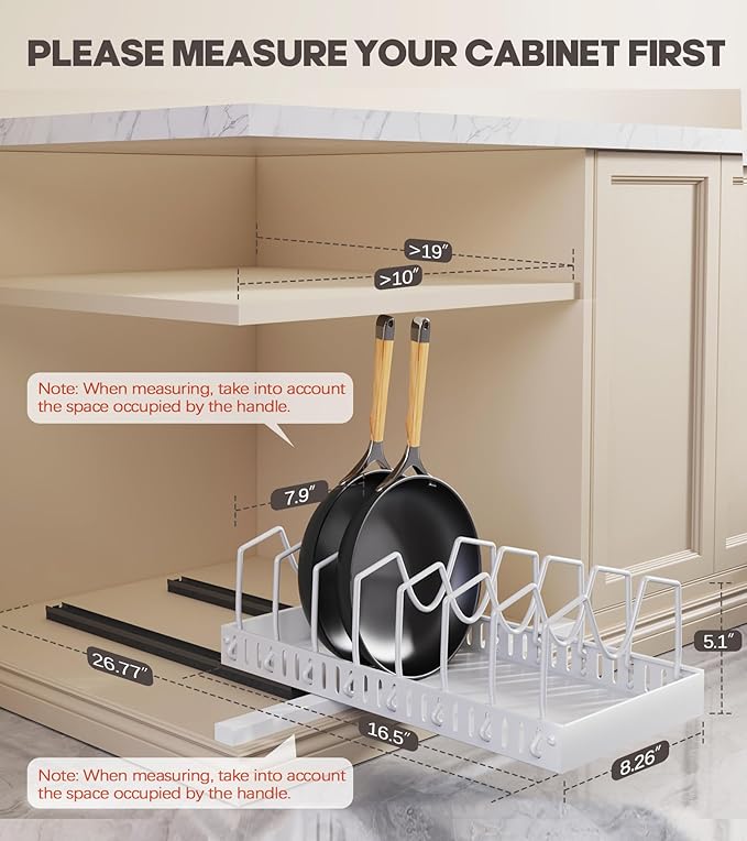 Lozovin Pull Out Pots and Pans Organizer Under Cabinet, Sliding Lid Holder and Pan Rack in Kitchen, Slide Out inside Cabinet Storage for Pot Lid, Bakeware, Dishes, 8 Adjustable Dividers, 1 Pack White