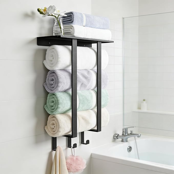 Towel Racks for Bathroom, Towel Rack with Shelf and 3 Hooks, Towel Storage Holders Wall for Rolled Bath Towels, Black