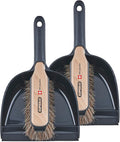 Superio Handheld Comfort Grip Plastic Dustpan and Wooden Brush Set - Hand Broom with Swiss Natural Horsehair Bristles Compact Design, 2-Pack
