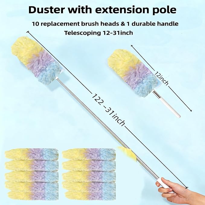 Heavy Duty Duster Refills, Disposable Dusters Kit for Cleaning Dusting Furniture Blind Ceiling Fan, Multi Surface 360 Feather Duster(10)+3FT Extended Handle（1） (Colorful)