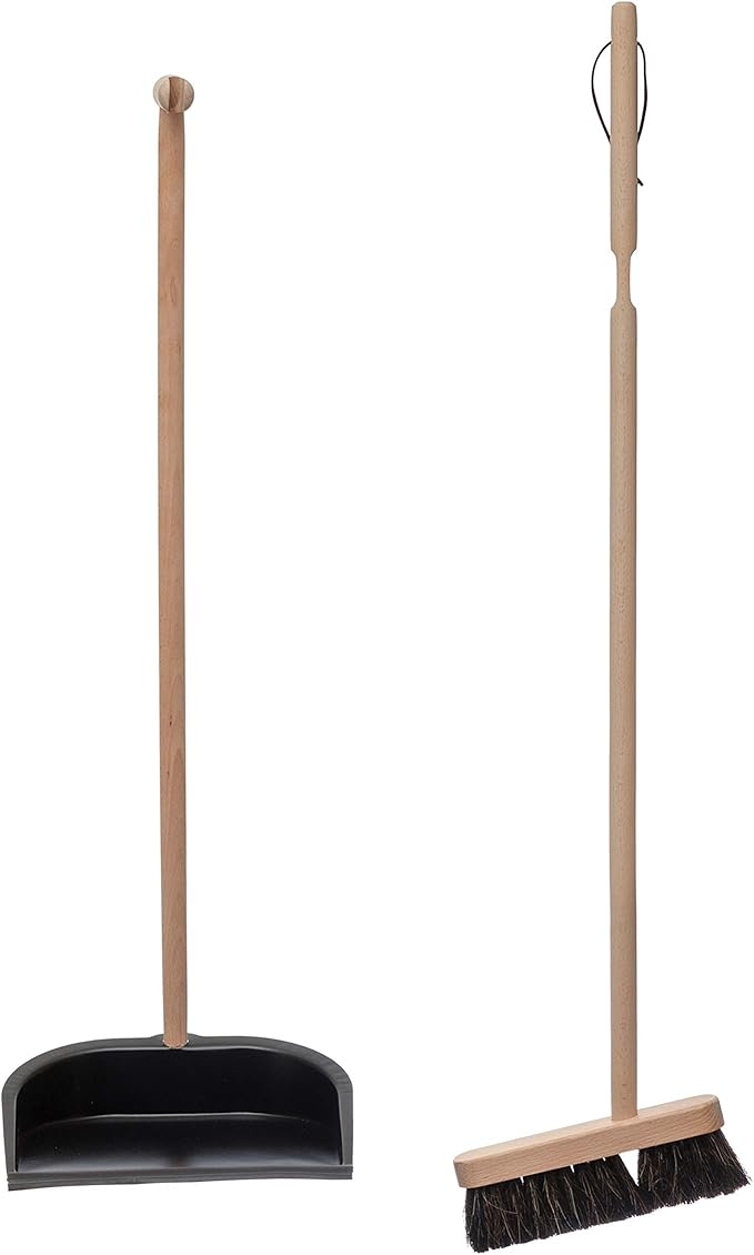 Creative Co-Op Beech Wood Broom & Standing Metal Dust Pan, Natural & Black