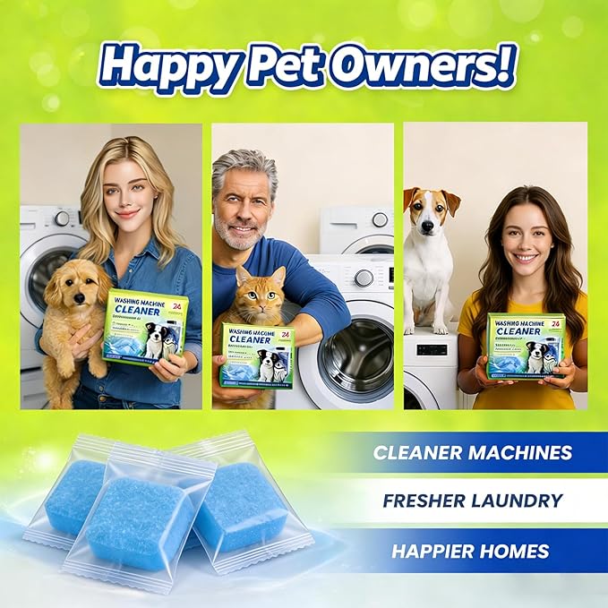 Enzyme Washing Machine Cleaner Tablets for Pet Owners, Protease Washer Cleaner Pet Odor Remover, Deep Clean Washing Machine Pet Hair Remover for Laundry - Safe for HE, Front & Top Load (24 Count)