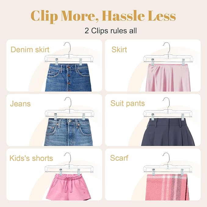 HOUSE DAY Clear Skirt Hangers with Clips, Non-Slip Pants Hangers for Closet, Clip Hanger for Pant, Skirts, Shorts, 14'' Clear Plastic Hanger, Pack of 25