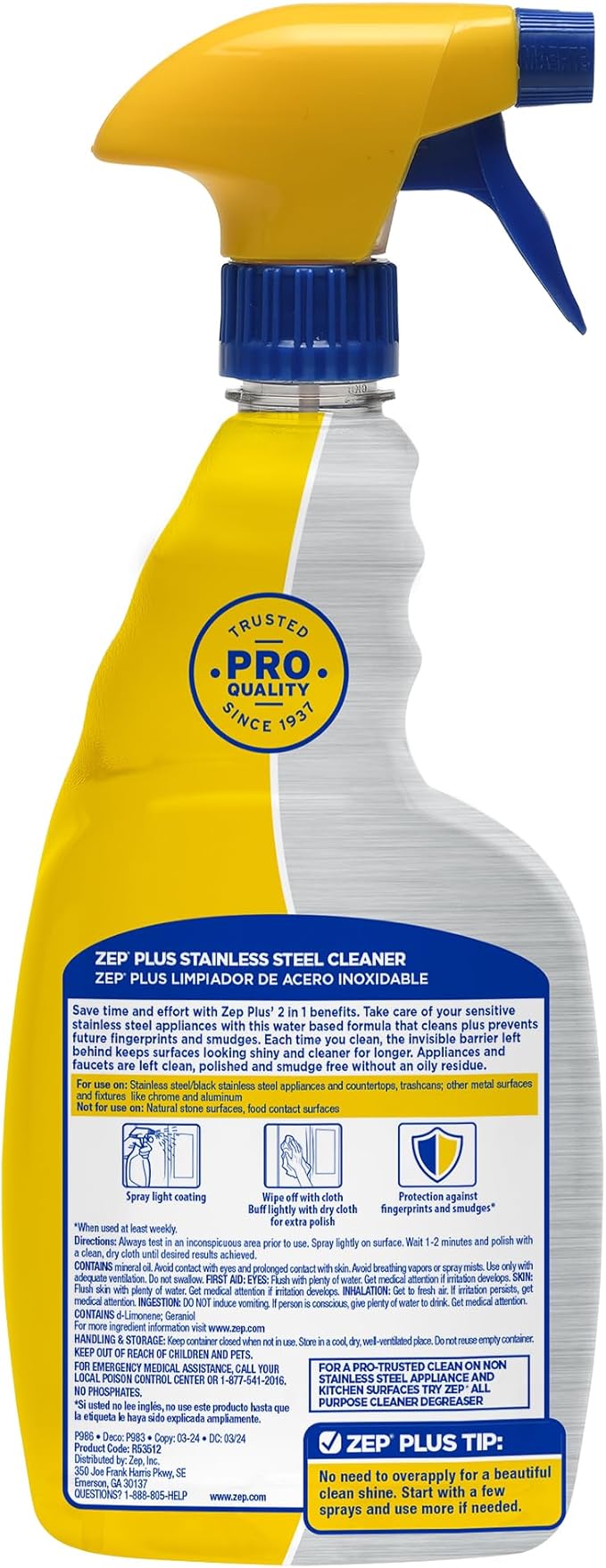Zep Plus Stainless Steel Cleaner - 32 Fl OZ - R53512-2-in-1 benefits clean while preventing future fingerprints and smudges.