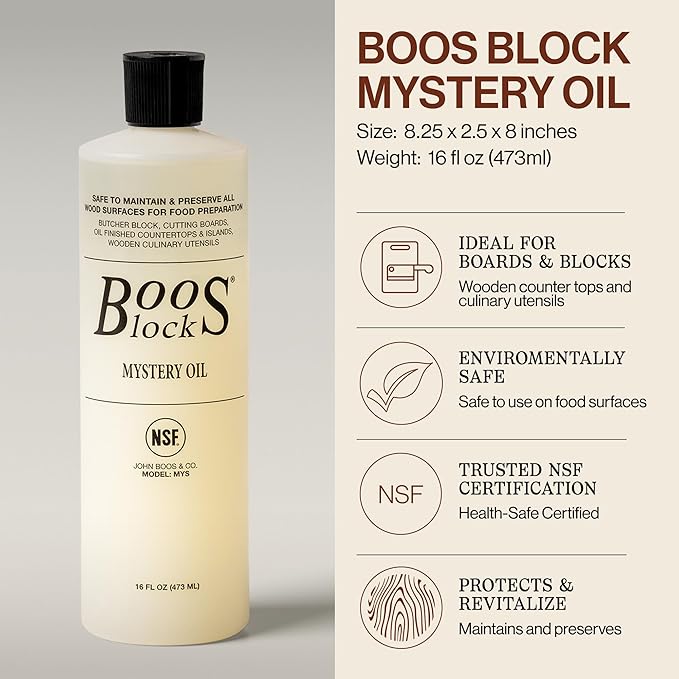 John Boos 2-Piece Care Set, 16 oz Mystery Oil & Round Beechwood Applicator - All-Natural Maintenance Formula for Butcher Blocks, Cutting Boards, Wooden Countertops & Wood Utensils