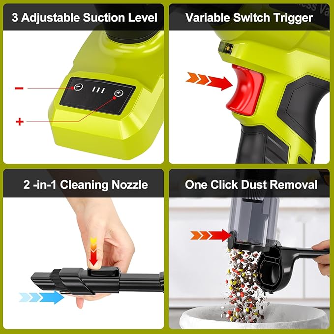 Cordless Vacuum Compatible with Ryobi 18V Battery, Handheld Electric Vacuum Cleaner with 105AW Powerful Suction, 3-Speed Car Vacuum for Home Pet Hair, Car (5 Filters, Battery Not Included)