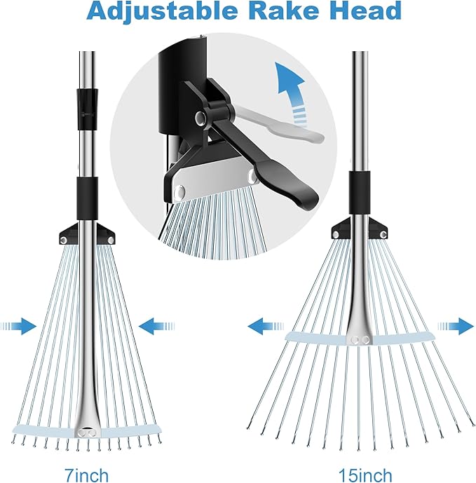 Garden Rake for Leaves, Metal Adjustable Leaf Rake for Lawns, Length 37"-53", Adjustable Expandable Head 8"-15", Garden Tools for Lawn Garden Yard Flowers Beds Bush