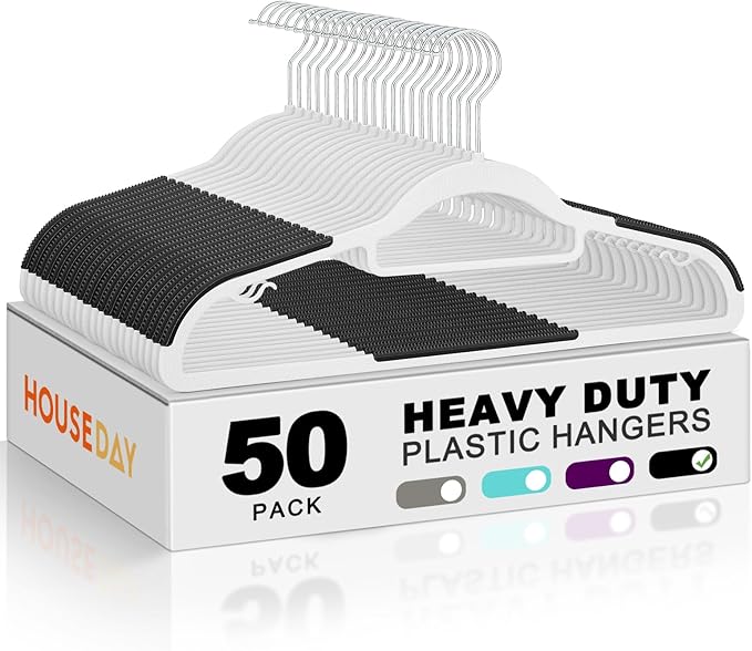HOUSE DAY Plastic Hangers 50 Pack, Plastic Clothes Hangers Non Slip with Rubber Grip, Heavy Duty Coat Hanger with 360º Swivel Hook, Ultra Thin Hanger Space Saving Closet Organizer - White and Black