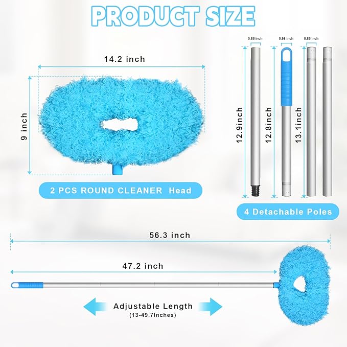 Eunice 2 Dusters Heads Ceiling Fan Duster with Extension Pole - Adjustable and Removable Fan Cleaner Blade for High Ceiling, Window Door Furniture (Blue)