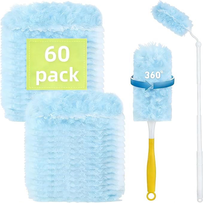 60-Pack Dusting Mop Refill Set, Disposable Power Dusting Duster Compatible with Swiffer. Includes 1 Handle and 3-Foot Extension Pole, Ideal for Cleaning Furniture, Bookshelves, and Ceiling Fans.
