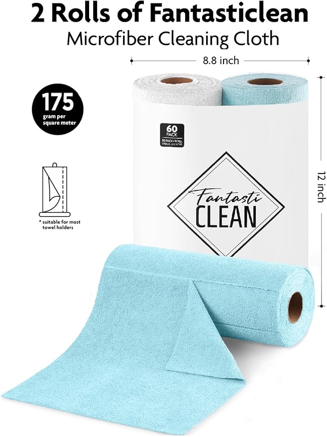Fantasticlean Microfiber Cleaning Cloth Roll -60 Pack, Tear Away Microfiber Towels, 12" x 12", Reusable, Washable, Scratch Free, Ultra Absorbent Dishcloth for All-Around Cleaning (White & Blue)