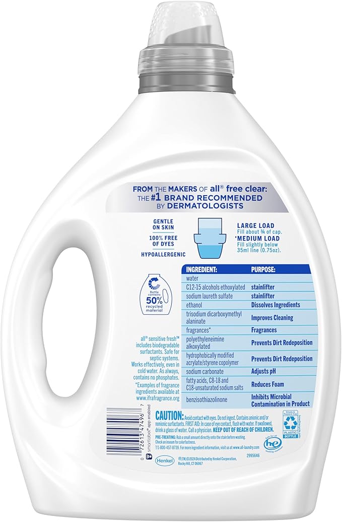 all sensitive fresh™, Spring Breeze, Scented Liquid Laundry Detergent for Sensitive Skin, Hypoallergenic, Free of Dyes, Concentrated, 82.5oz, 110 Loads