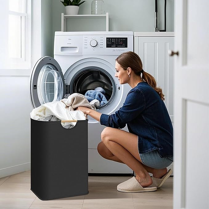 STORAGE MANIAC 3-Pack Large Laundry Hamper, 80L (21.1 Gal) Collapsible Laundry Basket with Bamboo Handles, Freestanding Waterproof Clothes Hamper for Laundry Room, Bedroom, Dorm, Towels, Toys, Black