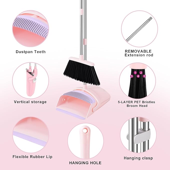 Broom with Dustpan Combo Set, 52-in Adjustable Handles Broom and Dustpan Set with Combo Teeth Easy to Scrape Off Pet Hair, Indoor&Outdoor Sweeping