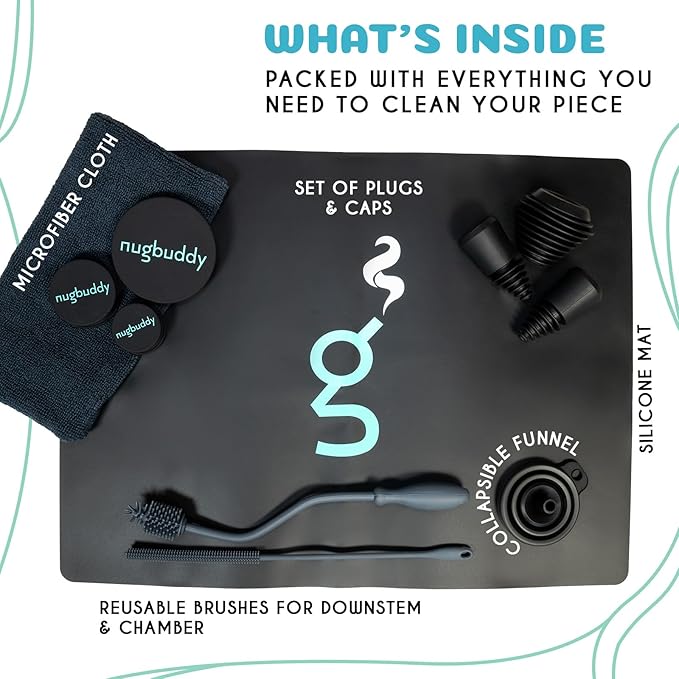 Glass Cleaning Kit - Reusable Silicone Accessories - Complete Kit to Clean your Piece, Just Add Cleaner - Reusable Soaker Bag, Brushes, Mat, Caps & Plugs, Funnel, & Microfiber Towel