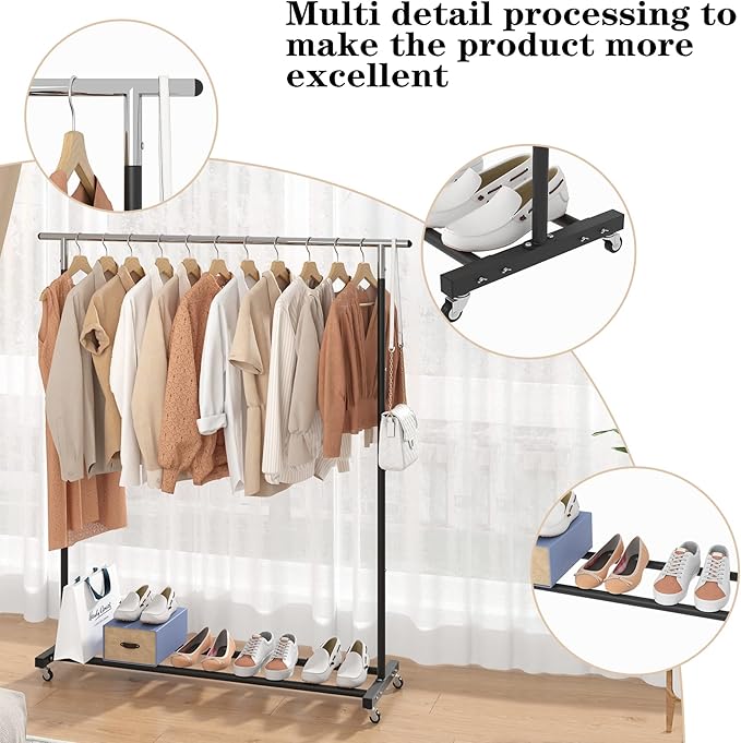 Buzowruil Metal Rolling Clothing Rack Adjustable Freestanding Garment Organizer with Wheels, Space-Saving Design for Home, Closet, Office, or Retail,Black
