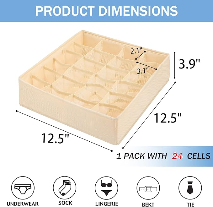 Foldable Storage Cubes Drawer Underwear Organizer Dividers， under Cabinet Organizer 24-Cell Fabric Storage Boxes for Lingerie,Socks,Ties（Creamy-White）