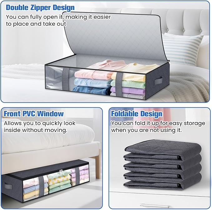 TasticTotes Under Bed Storage Containers, 2 Pack Blanket Storage Bags, Collapsible Storage Bags with Big Zippers, Clear Front, Shoe Storage and Organization for Clothes, Comforter, 60L, Grey