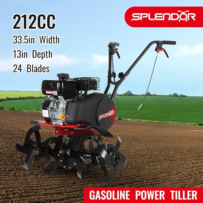 SPLENDOR Gas Powered Tiller 4 Cycle Engine 212CC Working Width Adjustable 13in-22in-33.5in