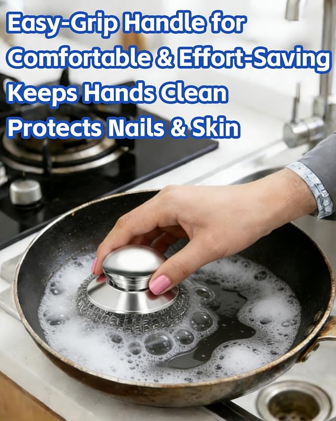 Stainless Steel Scrubber with Handle, Heavy Duty Steel Wool Scrubbers for Pots and Pans, Cast Iron, Steel Wool Scouring Pads for Stove, Oven, Grill, Kitchen, Sink Cleaning