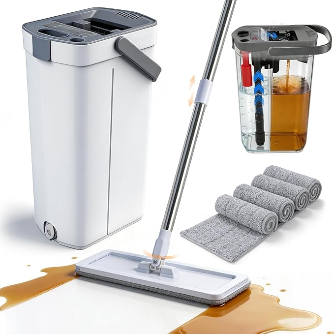 Mop and Bucket Set, 50" Flat Mop and Bucket System for Floor Cleaning, Separate Dirty and Clean Water, 4 Microfiber Pads Included, Wet and Dry Use, for Cleaning All Floor Types and Windows