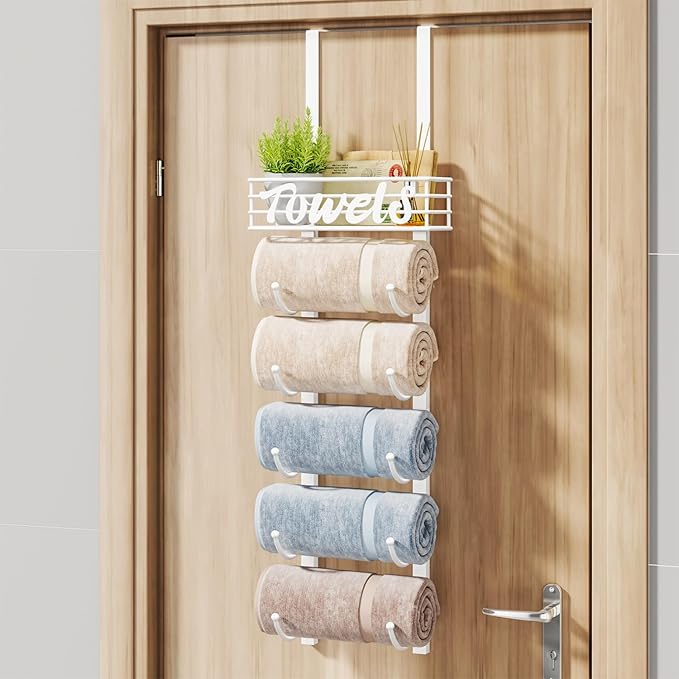 HapiRm Towel Racks for Bathroom Storage - 6 Tier Over The Door & Wall Mount Rolled Towel Storage Organizer Holder with Metal Shelf Basket for Small Bathroom, Camper, Rv - White, Patented