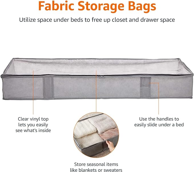 Amazon Basics Under Bed Fabric Zipper Blanket Storage Container Bags with Window and Handles, 2-Pack, 18 x 42 x 6 inches, Gray
