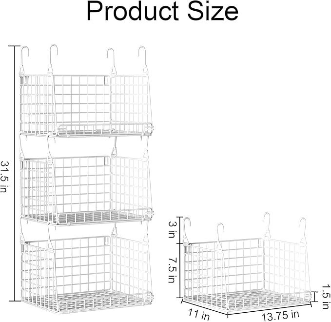 PUPPYCUTE 3-Pack Laundry Room Organization and Storage, Hanging Wire Basket for Laundry with 360°Rotating Hooks, Over Washer and Dryer Shelves, Laundry Organizers and Storage Basket, white