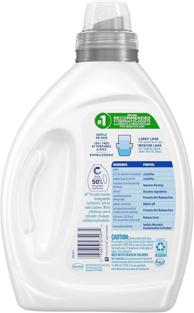 all free clear, Original, Liquid Laundry Detergent for Sensitive Skin, Unscented and Hypoallergenic, Concentrated, 50oz, 66 Loads