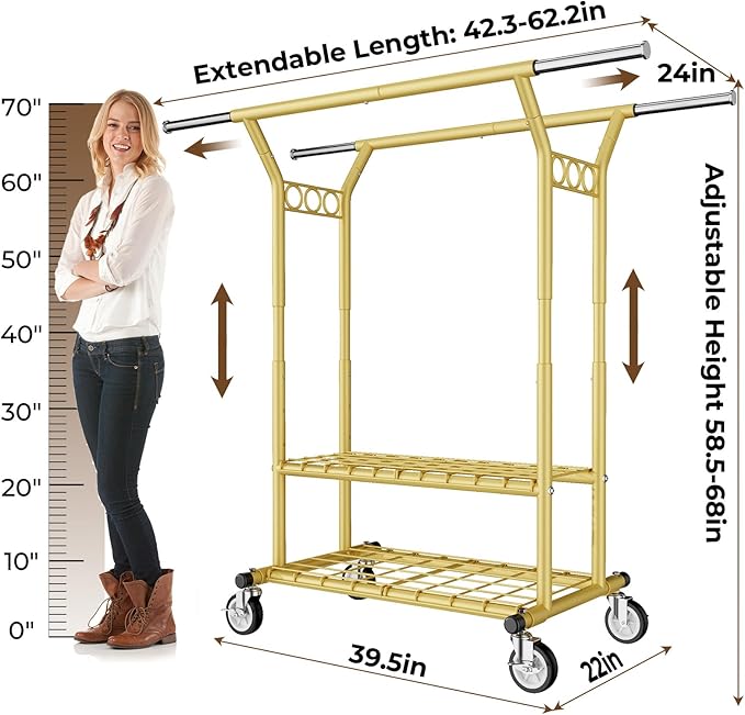 HYSEYY Heavy Duty Clothes Rack, Rolling Clothing Racks With Shelves Load 620 LBS, Double Rod Clothing Racks for Hanging Clothes, Portable& Adjustable Clothes Rack with Wheels Garment Rack,Gold