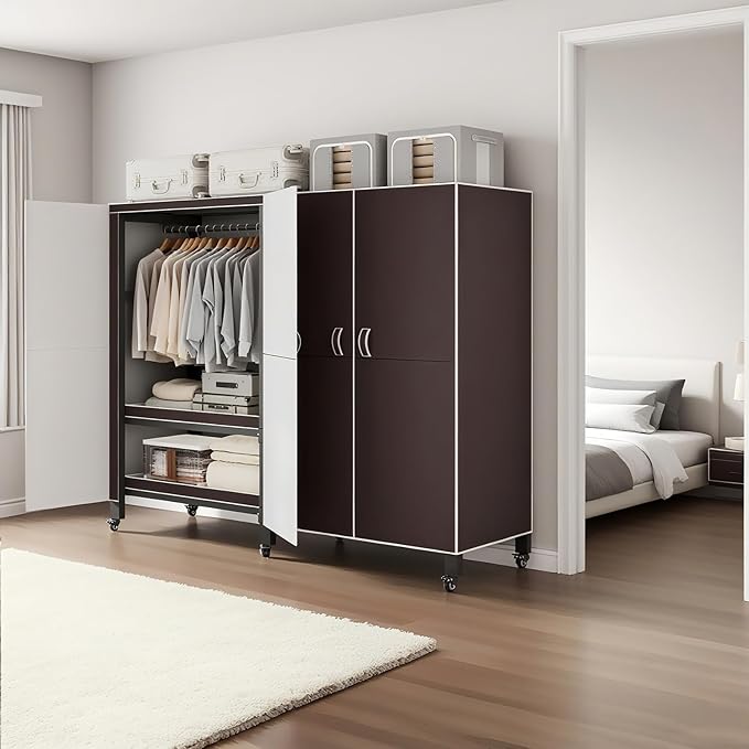 Foldable Portable Armoire Wardrobe Closet for Hanging Clothes Rack, Heavy Duty Covered Clothes Rack with Cover(HARDBOARD Magnetic), Closet Garment Rack for Bedroom Storage (KT Coffee, 70.86in)