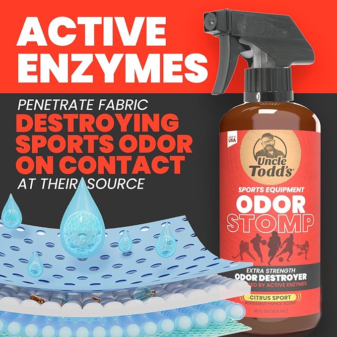Uncle Todd’s Odor Stomp Sports Equipment Odor Eliminator Spray - Extra Strength Enzyme-Powered Deodorizer for Football, Hockey, Gym Bags, and Athletic Gear - Citrus Sport Scent - 16oz