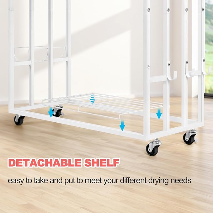Freestanding Towel Rack for Bathroom Rolling Towel Storage Cart On Wheels Blanket Ladder with Shelf & 6 Hooks, Outddoor Poolside Towel Holder Stand, White