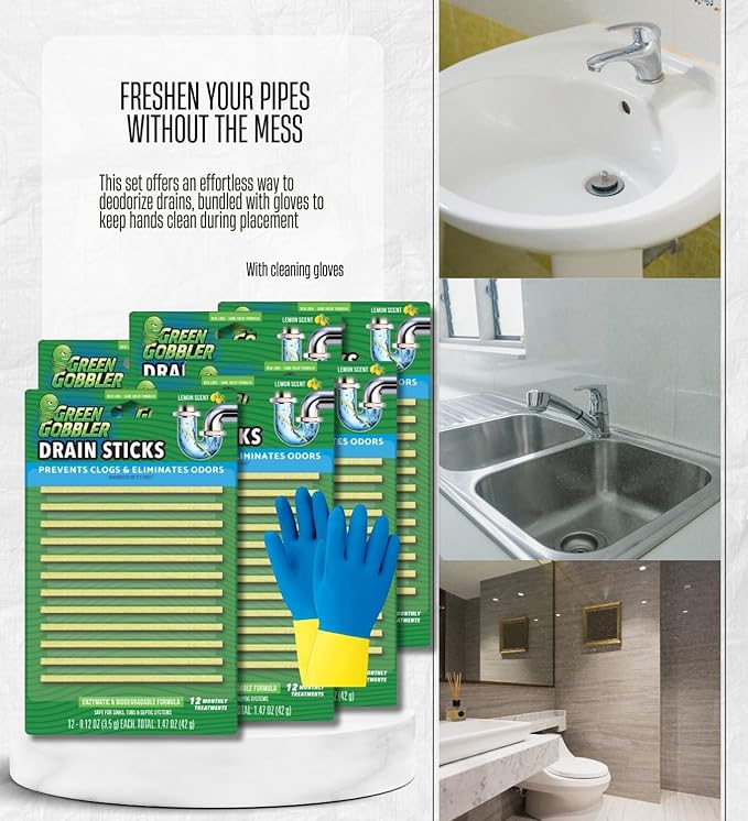 6x Green Gobbler Strip Drain Cleaner and Deodorizer 1.47 oz Bundle with Cleaning Gloves – Drain Smell Eliminator & Breaks Down Matter in Drains – Easy-to-Use Deodorizing Strips – Gift Set (7 Items)