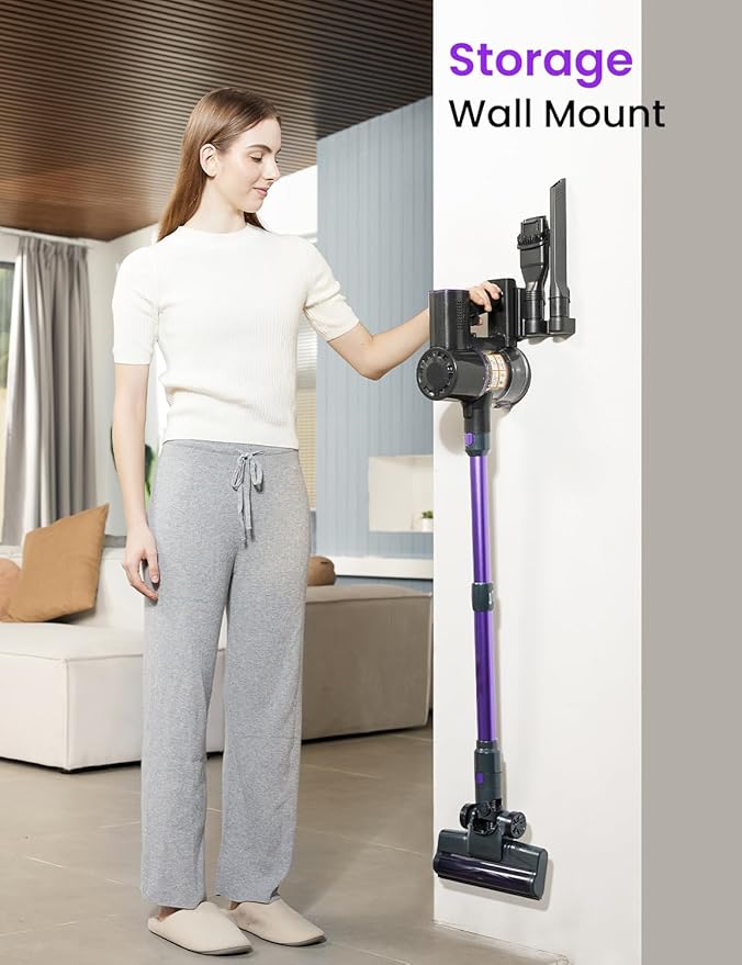 Vexilar Cordless Vacuum Cleaner, Self-Standing, Rechargeable Stick Vacuum Cleaners for Home, 35mins Runtime, LED Screen, 6-in-1 Lightweight Handheld Vacuum for Hard Floor, Carpet (Purple)