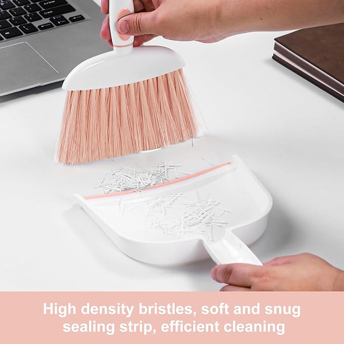 NACENA Small Dust Pan and Brush Set, Mini Broom and Dustpan Set Small Hand Broom and Brush Combo Dust Pan for Home Cleaning Drawers Desktop Sofas and Outdoor, Pink
