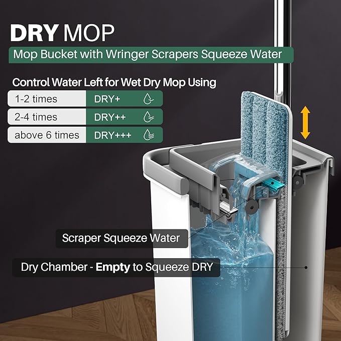 JOYMOOP Mop and Bucket with Wringer Set, Hands Free Flat Floor Mop and Bucket, with 5 Washable Microfiber Pads, Wet and Dry Use, Floor Cleaning System