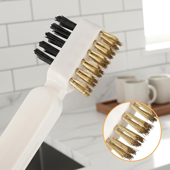 4 in 1Kitchen Cleaning Scrub Brush, Deep Gas Stove Brass Wire Brush with Stiff Bristles & Cooktop Scraper Stainless Steel Scrubber for Range Hood Grease Grime Pot Pan Household Cleaning Tool