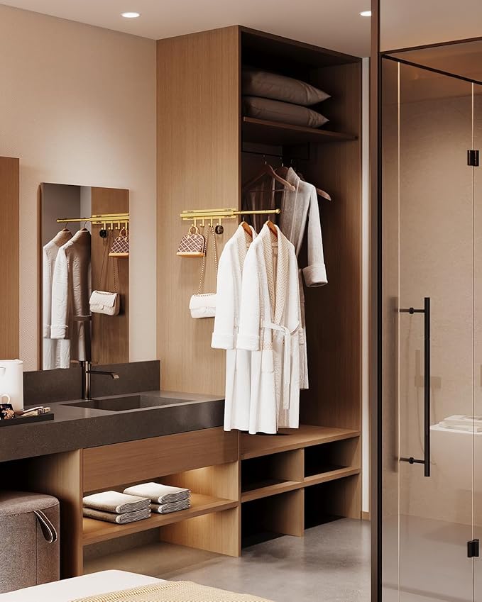 BaiNong 12" Valet Rod for Closet Pull Out With 4 Hooks Valet Rods for Closets (2Pack Gold) Closet Valet Rod Slide Out