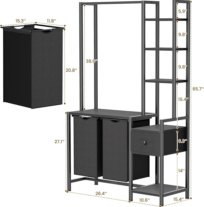 Creso hom Laundry Hamper with Shelf, 5 Tiers Tall Laundry Basket Sorter with 2 Pull-Out and Removable Bags, Clothes Rack with Laundry Sorter for Laundry Room Bathroom Bedroom, Black