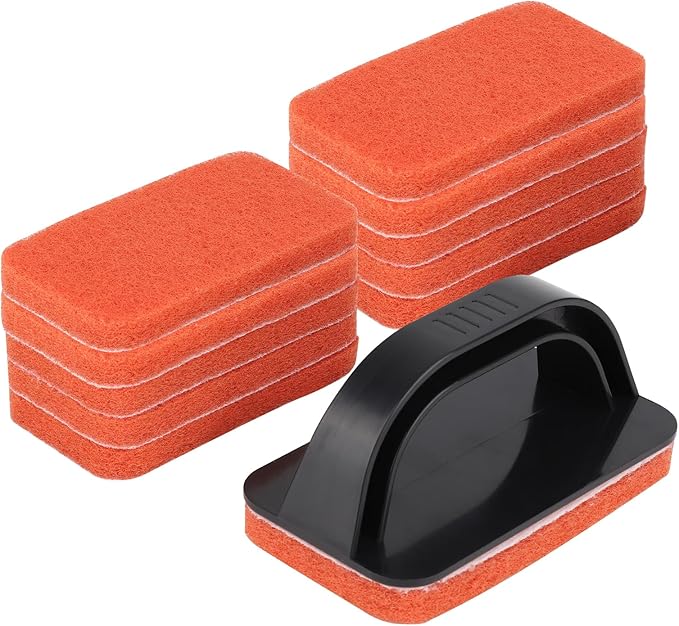 Griddle Scour Pads, Non-Scratch Scouring Pads with Handle, Grill Scrubbers, Cast Iron Polishing Pads, Heavy Duty Scrubbing Pads for Cleaning Walls- 11 Scrub Pads and 1 Handle