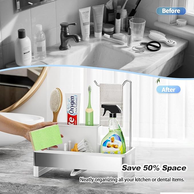 Ewaiira Stainless Steel Sink Caddy, Sponge Holder for Kitchen Sink with Brush Holder & Dishcloth Rack, Rustproof Sink Organizer Countertop, Kitchen Organizers Storage Essentials (E-White 9.8″)